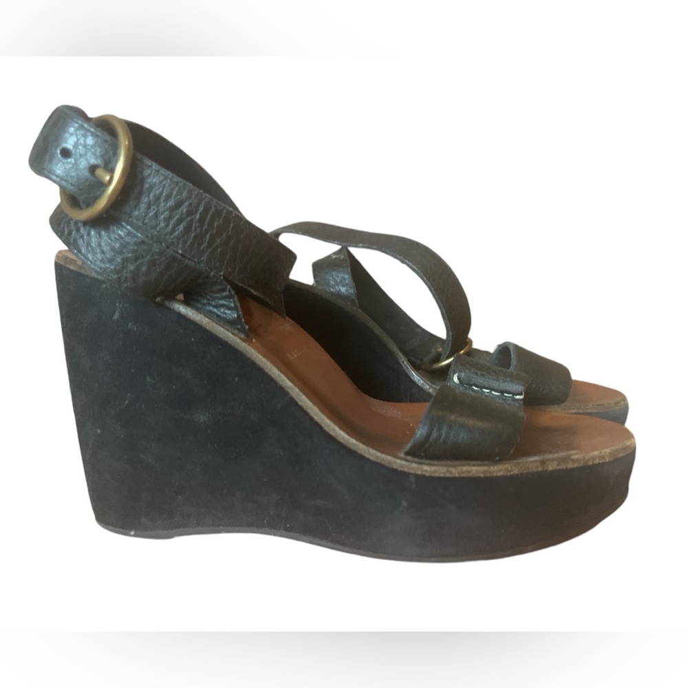 Miu Miu Wedge Sandal Black Suede 37 1/2